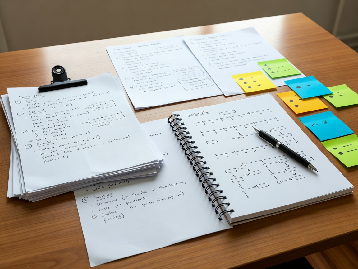 Coaching programme audit notes arranged beside a session plan