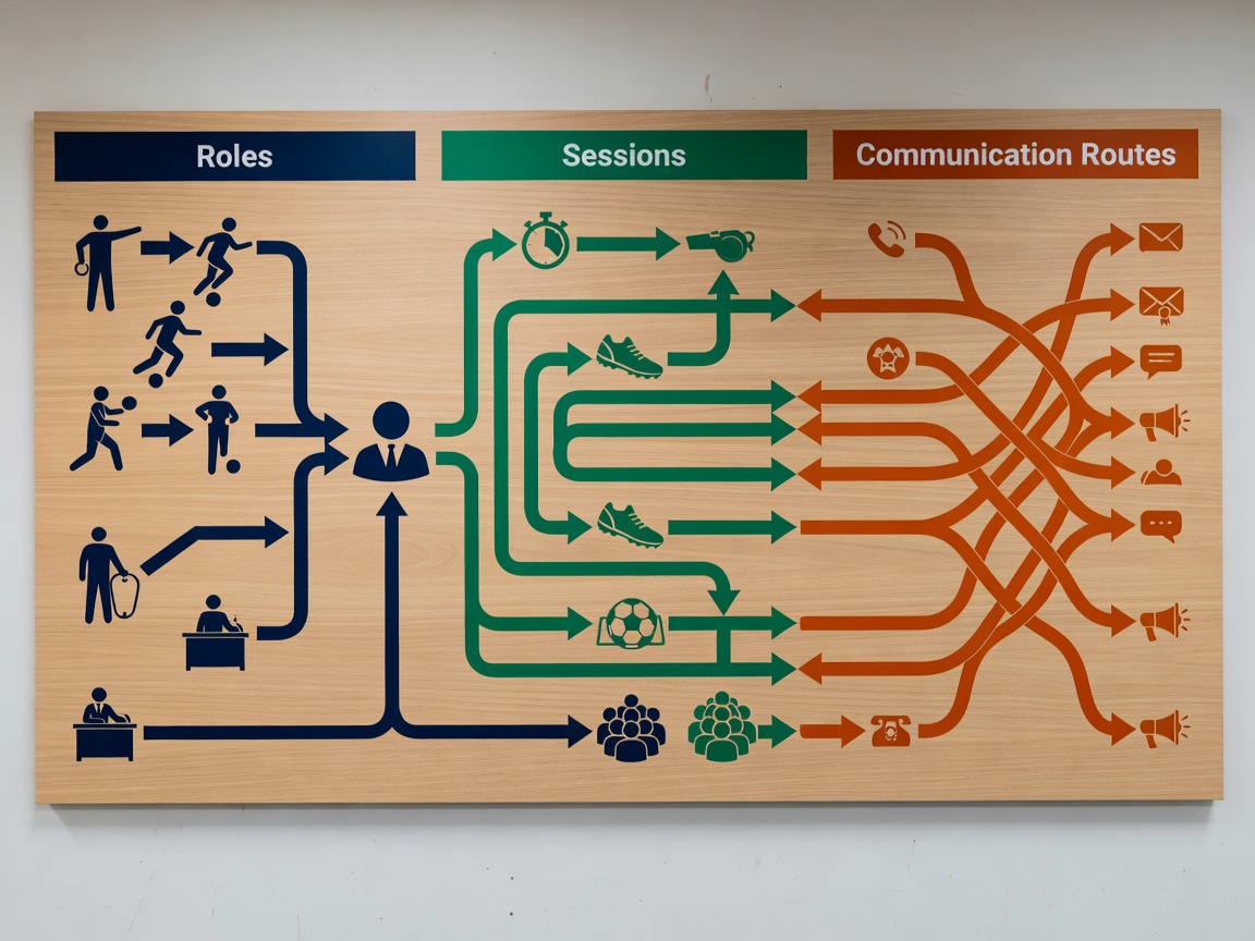 Sports club operations board showing roles, sessions and communication routes