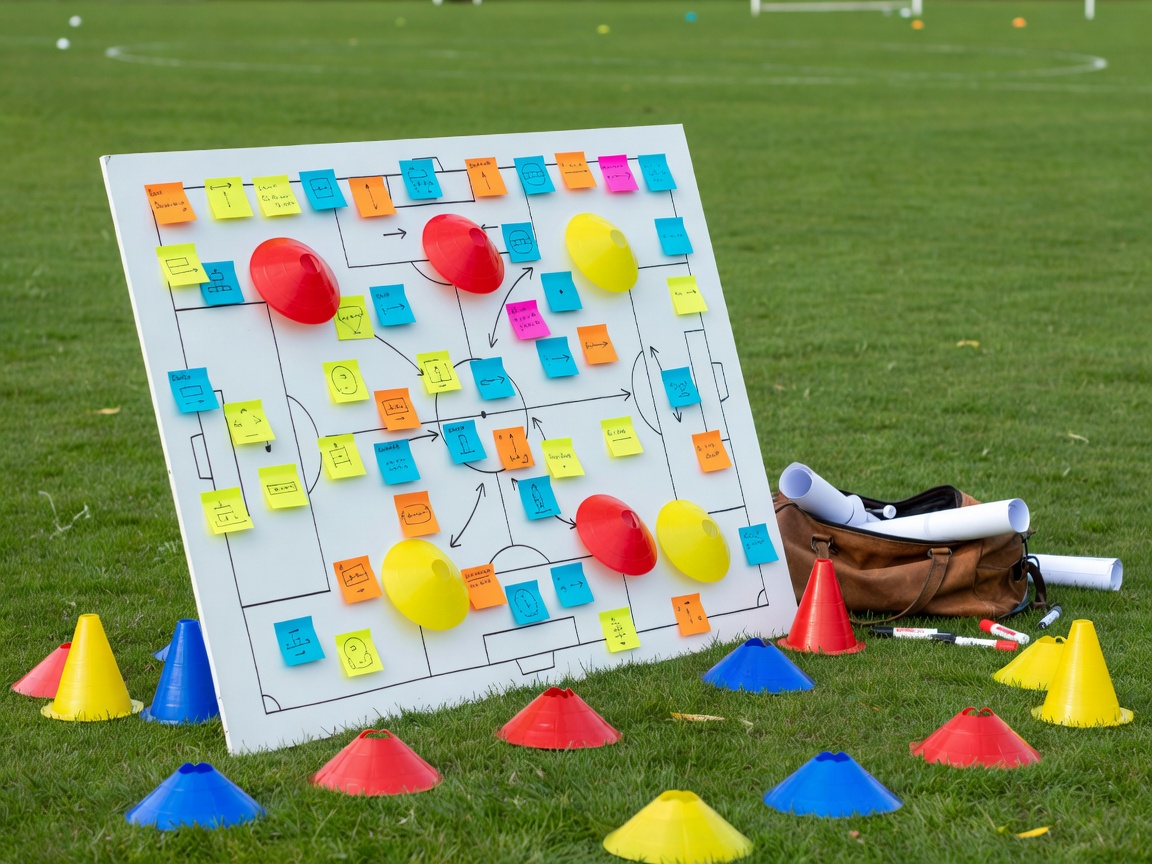 Sports coaching planning board with cones, notes and a pitch diagram